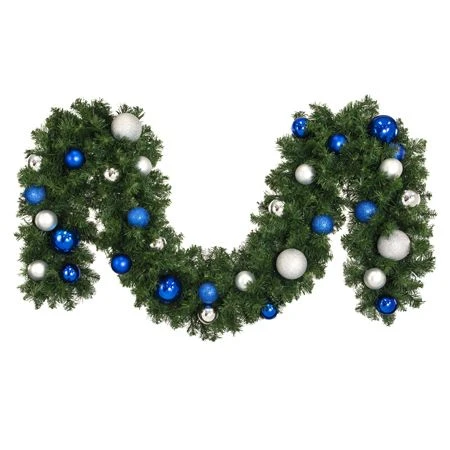 Decorated 9' X 14" Garland Unlit, Blue And Silver 1 Decorated 9' X 14" Garland Unlit, Blue And Silver