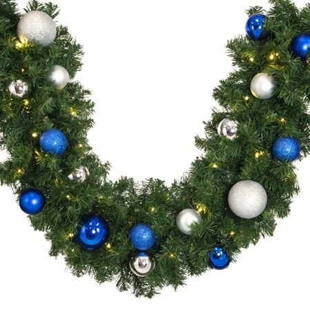 Decorated 9' X 14" Garland Lit, Blue And Silver 2 Decorated 9' X 14" Garland Lit, Blue And Silver - Image 2