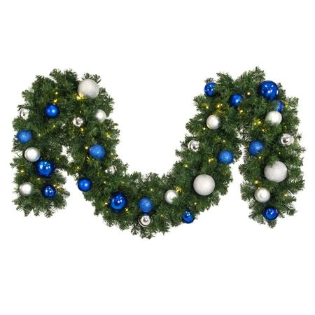 Decorated 9' X 14" Garland Lit, Blue And Silver 1 Decorated 9' X 14" Garland Lit, Blue And Silver