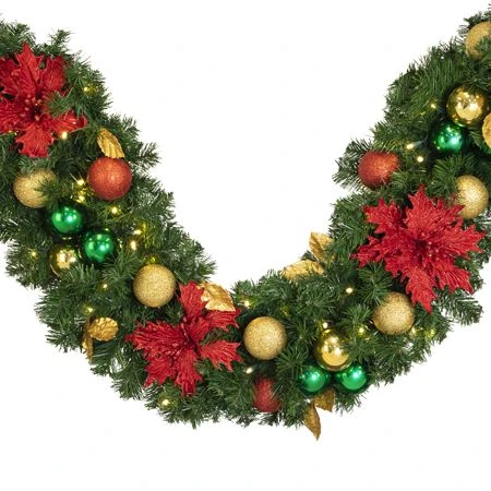 Decorated 9' X 14" Garland Lit, Elegant Poinsettia 2 Decorated 9' X 14" Garland Lit, Elegant Poinsettia - Image 2