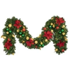 Decorated 9' X 14" Garland Lit, Elegant Poinsettia