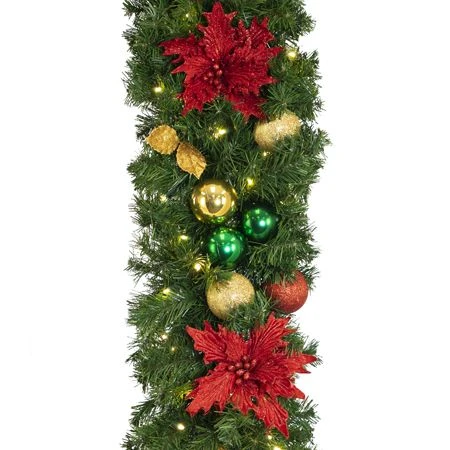 Decorated 9' X 14" Garland Lit, Elegant Poinsettia 3 Decorated 9' X 14" Garland Lit, Elegant Poinsettia - Image 3