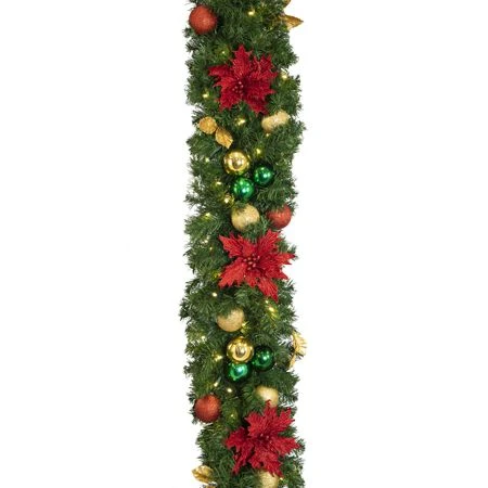 Decorated 9' X 14" Garland Lit, Elegant Poinsettia 4 Decorated 9' X 14" Garland Lit, Elegant Poinsettia - Image 4