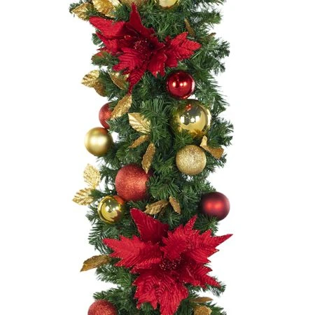 Decorated - 9' X 18" Oregon Fir Garland - Unlit - DELUXE Royal Poinsettia 2 Decorated - 9' X 18" Oregon Fir Garland - Unlit - DELUXE Royal Poinsettia - Image 2