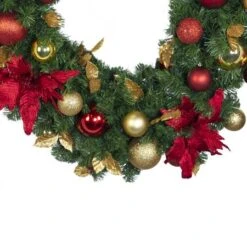 Decorated - 9' X 18" Oregon Fir Garland - Unlit - DELUXE Royal Poinsettia 6 Decorated - 9' X 18" Oregon Fir Garland - Unlit - DELUXE Royal Poinsettia -Twinkly Trees Shop dg 918 del rgd ep crop