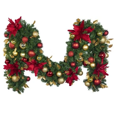 Decorated - 9' X 18" Oregon Fir Garland - Unlit - DELUXE Royal Poinsettia 1 Decorated - 9' X 18" Oregon Fir Garland - Unlit - DELUXE Royal Poinsettia