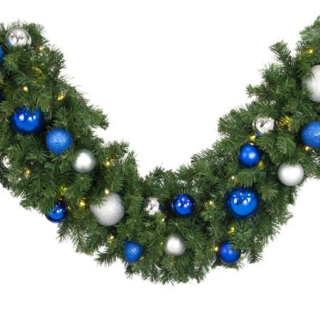 Decorated 9' X 18" Garland Lit, Blue And Silver 2 Decorated 9' X 18" Garland Lit, Blue And Silver - Image 2