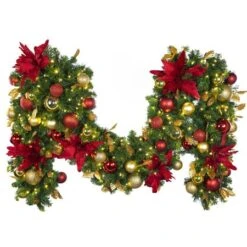 Decorated - 9' X 18" Oregon Fir Garland - LED - DELUXE Royal Poinsettia