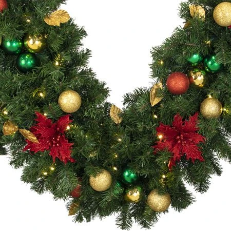 Decorated 9' X 18" Garland Lit, Elegant Poinsettia 2 Decorated 9' X 18" Garland Lit, Elegant Poinsettia - Image 2