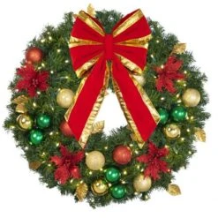 30" Lit LED Warm White Decorated Wreath - Elegant Poinsettia - Bow Option Available -Twinkly Trees Shop dw 30 led ep b vb 12 rgt