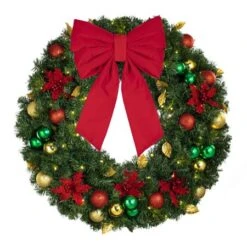 36" Lit LED Warm White Decorated Wreath - Elegant Poinsettia - Bow Option Available -Twinkly Trees Shop dw 36 led ep b vb 12 r