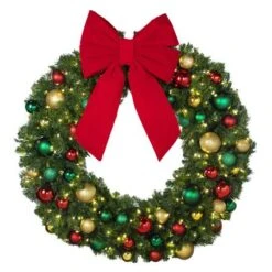 48" LED Warm White Decorated Wreath - DELUXE Colors Of The Holidays - Bow Option Available -Twinkly Trees Shop dw 48 led del coth b vb 18 r
