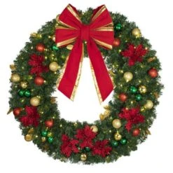 48" Lit LED Warm White Decorated Wreath - Elegant Poinsettia - Bow Option Available -Twinkly Trees Shop dw 48 led ep b vb 18 rgt