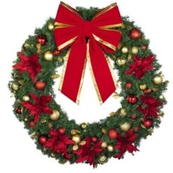60" Unlit Decorated Wreath - DELUXE Royal Poinsettia - Bow Option Available -Twinkly Trees Shop dw 60 del ep b vb 24 rgt