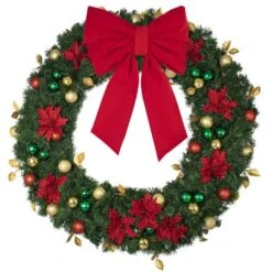 60" Unlit Decorated Wreath - Elegant Poinsettia - Bow Option Available -Twinkly Trees Shop dw 60 ep b vb 24 r