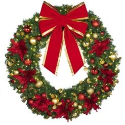 60" Lit LED Warm White Decorated Wreath - DELUXE Royal Poinsettia - Bow Option Available -Twinkly Trees Shop dw 60 led del ep b vb 24 rgt