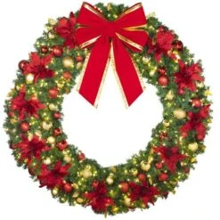 72" Lit LED Warm White Decorated Wreath - DELUXE Royal Poinsettia - Bow Option Available -Twinkly Trees Shop dw 72 led del ep b vb 24 rgt