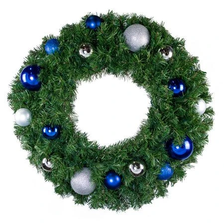 30" Unlit Decorated Wreath - Blue And Silver Décor - Bow Option Available 1 30" Unlit Decorated Wreath - Blue And Silver Décor - Bow Option Available