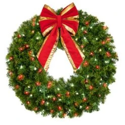 36" Lit Pure White And Red Deluxe Oregon Fir Wreath - Bow Option Available -Twinkly Trees Shop w 36 dofl pwr b vb 8 rgt