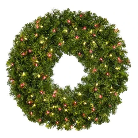 36" Lit Warm White And Red Deluxe Oregon Fir Wreath - Bow Option Available 1 36" Lit Warm White And Red Deluxe Oregon Fir Wreath - Bow Option Available