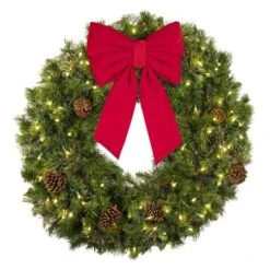 36" Lit Warm White Deluxe Mixed Pine Wreath - Bow Option Available -Twinkly Trees Shop w 36 mpl t ww b vb 12 r
