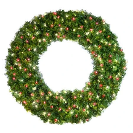 48" Lit Pure White And Red Deluxe Oregon Fir Wreath - Bow Option Available 1 48" Lit Pure White And Red Deluxe Oregon Fir Wreath - Bow Option Available