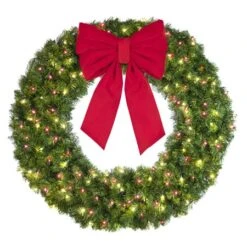 48" Lit Warm White And Red Deluxe Oregon Fir Wreath - Bow Option Available -Twinkly Trees Shop w 48 dofl 6 wwr b vb 18 r