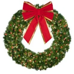 60" Lit Pure White And Red Deluxe Oregon Fir Wreath - Bow Option Available -Twinkly Trees Shop w 60 dofl 6 pwr b vb 18 rgt