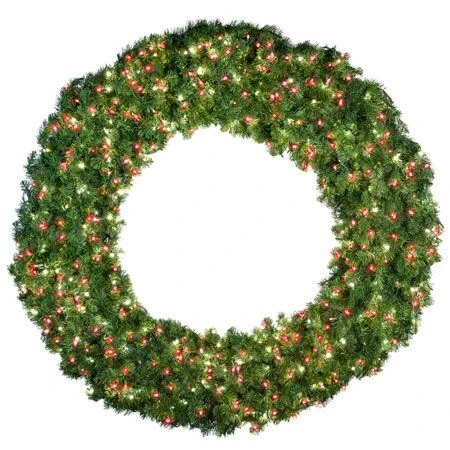 72" Lit Pure White And Red Deluxe Oregon Fir Wreath - Bow Option Available 1 72" Lit Pure White And Red Deluxe Oregon Fir Wreath - Bow Option Available